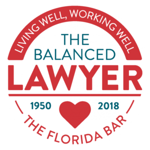 Logo for the 2018 Florida Bar Convention, stating Living Well, Working Well. The Balanced Lawyer. 1950 to 2018. The Florida Bar