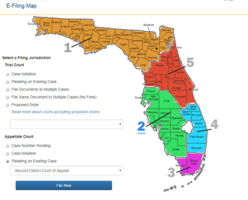 a screen capture from the Florida e-filing portal initiation page with text and a map of the Florida court system