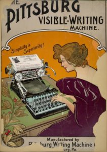 Advertisement for the Pittsburg Visible-Writing Machine, with photo of woman in red dress sitting at what appears to be an early typewritier.
